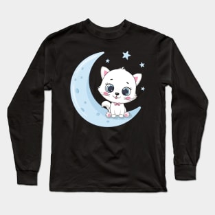 Cute cat sitting on a moon Long Sleeve T-Shirt